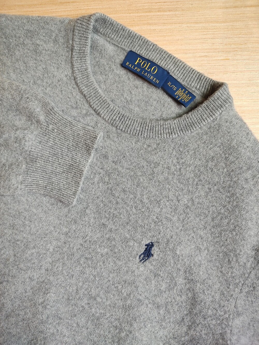 Ralph Lauren Knit Sweater Wool Pullover Grey Pony Navy Women's Size XL Crew Neck